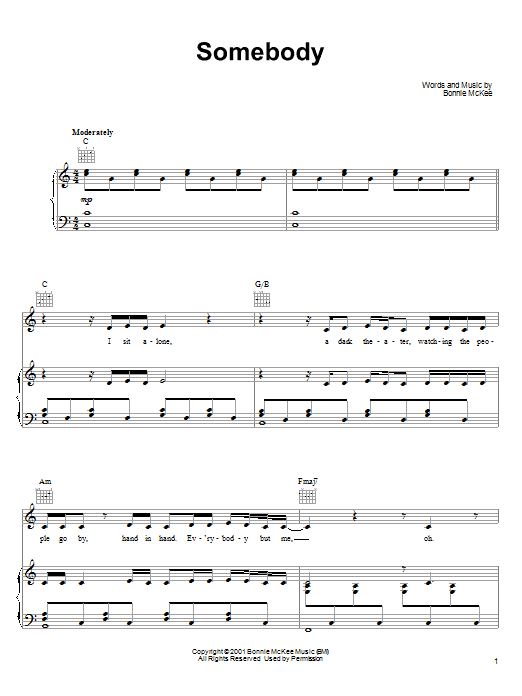 Learn to play Bonnie McKee Somebody sheet music for Piano, Vocal & Guitar (Right-Hand Melody) in minutes. Bonnie McKee Somebody sheet music notes and chords. Download Printable PDF.