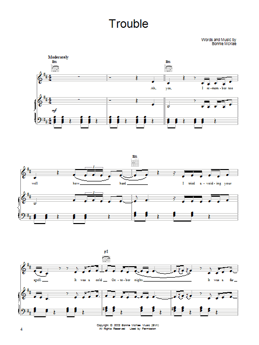 Learn to play Bonnie McKee Trouble sheet music for Piano, Vocal & Guitar (Right-Hand Melody) in minutes. Bonnie McKee Trouble sheet music notes and chords. Download Printable PDF.