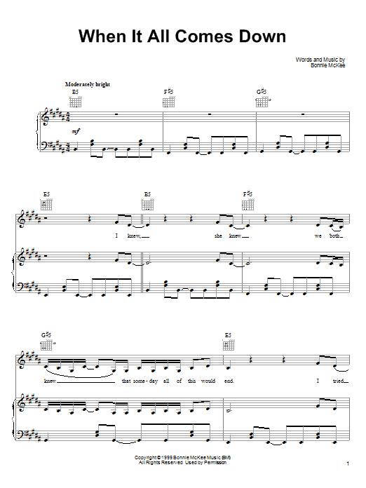 Learn to play Bonnie McKee When It All Comes Down sheet music for Piano, Vocal & Guitar (Right-Hand Melody) in minutes. Bonnie McKee When It All Comes Down sheet music notes and chords. Download Printable PDF.