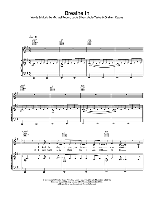 Learn to play Lucie Silvas Breathe In sheet music for Piano, Vocal & Guitar (Right-Hand Melody) in minutes. Lucie Silvas Breathe In sheet music notes and chords. Download Printable PDF.