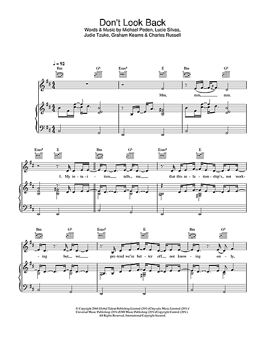 Learn to play Lucie Silvas Don't Look Back sheet music for Piano, Vocal & Guitar (Right-Hand Melody) in minutes. Lucie Silvas Don't Look Back sheet music notes and chords. Download Printable PDF.