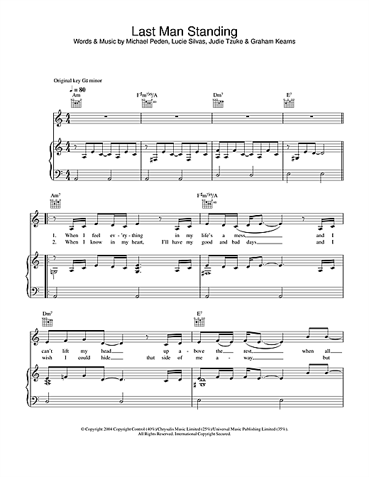 Learn to play Lucie Silvas Last Man Standing sheet music for Piano, Vocal & Guitar (Right-Hand Melody) in minutes. Lucie Silvas Last Man Standing sheet music notes and chords. Download Printable PDF.