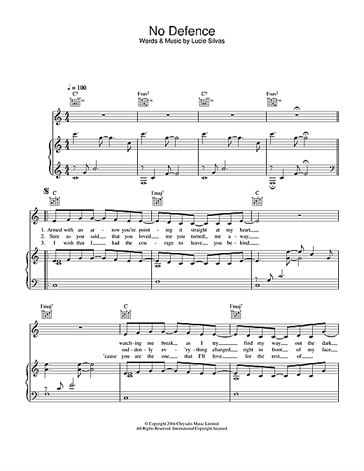 Learn to play Lucie Silvas No Defence sheet music for Piano, Vocal & Guitar (Right-Hand Melody) in minutes. Lucie Silvas No Defence sheet music notes and chords. Download Printable PDF.