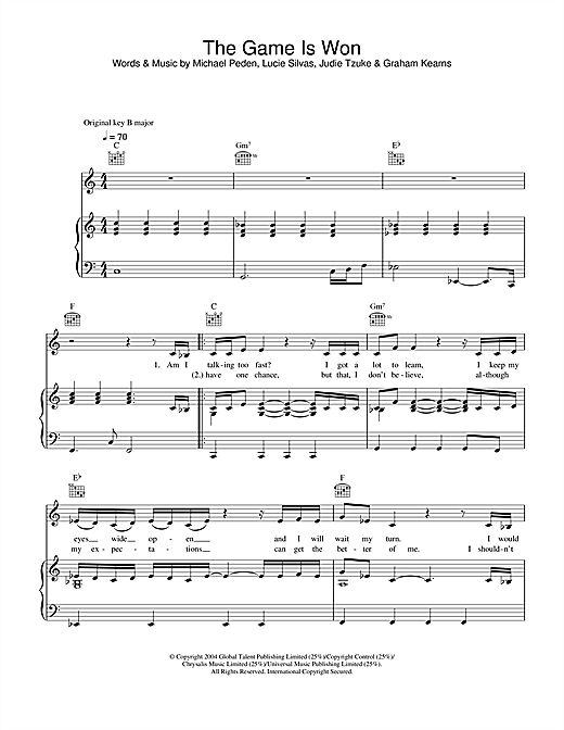 Learn to play Lucie Silvas The Game Is Won sheet music for Piano, Vocal & Guitar (Right-Hand Melody) in minutes. Lucie Silvas The Game Is Won sheet music notes and chords. Download Printable PDF.