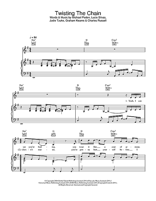 Learn to play Lucie Silvas Twisting The Chain sheet music for Piano, Vocal & Guitar (Right-Hand Melody) in minutes. Lucie Silvas Twisting The Chain sheet music notes and chords. Download Printable PDF.