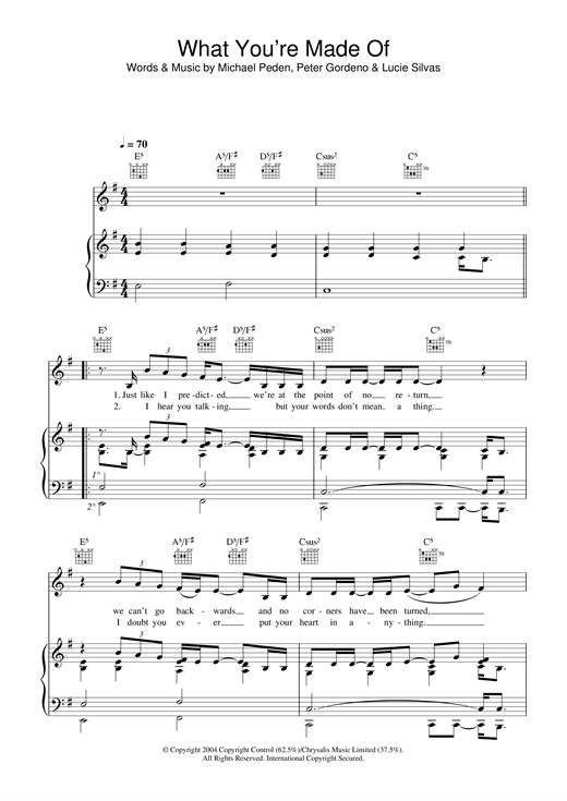 Learn to play Lucie Silvas What You're Made Of sheet music for Piano, Vocal & Guitar (Right-Hand Melody) in minutes. Lucie Silvas What You're Made Of sheet music notes and chords. Download Printable PDF.