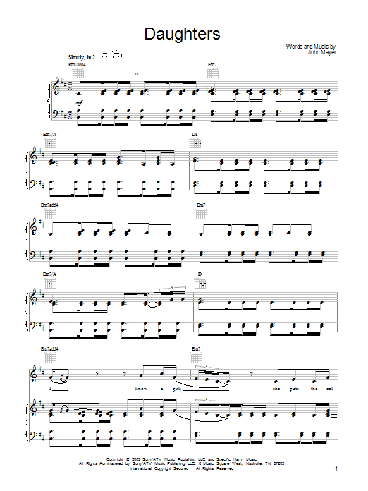 Learn to play John Mayer Daughters sheet music for Piano, Vocal & Guitar (Right-Hand Melody) in minutes. John Mayer Daughters sheet music notes and chords. Download Printable PDF.