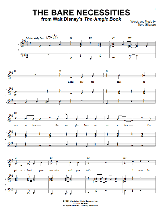 Learn to play Terry Gilkyson The Bare Necessities sheet music for Piano & Vocal in minutes. Terry Gilkyson The Bare Necessities sheet music notes and chords. Download Printable PDF.