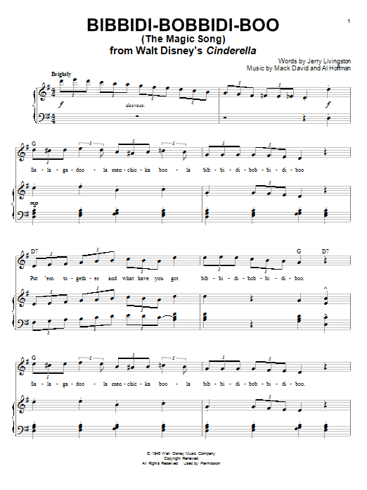 Learn to play Verna Felton Bibbidi-Bobbidi-Boo (The Magic Song) sheet music for Piano & Vocal in minutes. Verna Felton Bibbidi-Bobbidi-Boo (The Magic Song) sheet music notes and chords. Download Printable PDF.