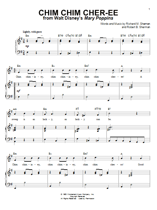 Learn to play Sherman Brothers Chim Chim Cher-ee sheet music for Piano & Vocal in minutes. Sherman Brothers Chim Chim Cher-ee sheet music notes and chords. Download Printable PDF.