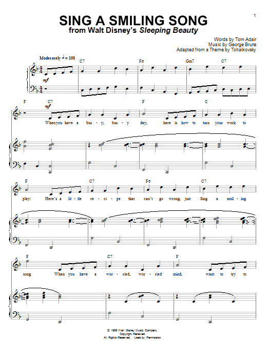 Learn to play Tom Adair Sing A Smiling Song (from Sleeping Beauty) sheet music for Piano, Vocal & Guitar (Right-Hand Melody) in minutes. Tom Adair Sing A Smiling Song (from Sleeping Beauty) sheet music notes and chords. Download Printable PDF.