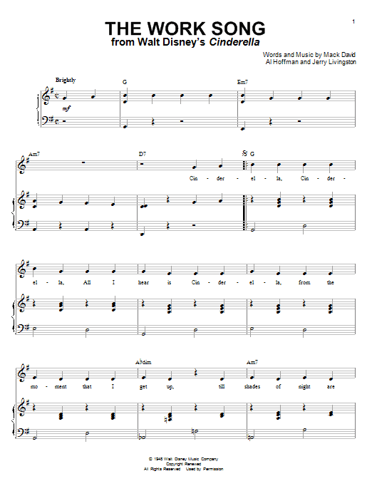 Learn to play Mack David The Work Song (from Cinderella) sheet music for Piano, Vocal & Guitar (Right-Hand Melody) in minutes. Mack David The Work Song (from Cinderella) sheet music notes and chords. Download Printable PDF.