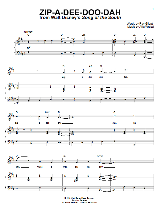 Learn to play Ray Gilbert Zip-A-Dee-Doo-Dah sheet music for Piano & Vocal in minutes. Ray Gilbert Zip-A-Dee-Doo-Dah sheet music notes and chords. Download Printable PDF.