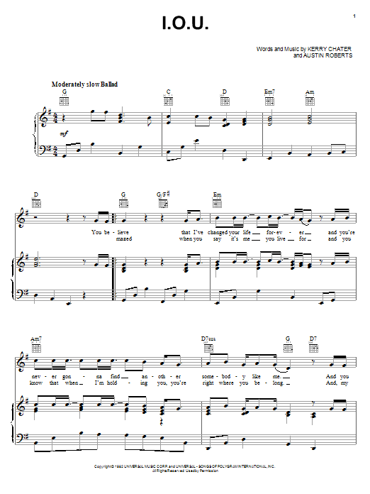 Learn to play Lee Greenwood I.O.U. sheet music for Piano, Vocal & Guitar (Right-Hand Melody) in minutes. Lee Greenwood I.O.U. sheet music notes and chords. Download Printable PDF.
