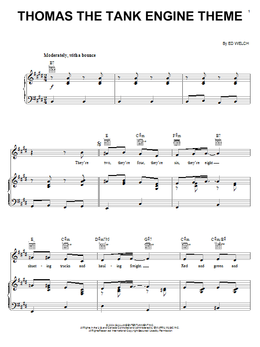 Learn to play Ed Welch Thomas The Tank Engine (Main Title) sheet music for Piano, Vocal & Guitar (Right-Hand Melody) in minutes. Ed Welch Thomas The Tank Engine (Main Title) sheet music notes and chords. Download Printable PDF.