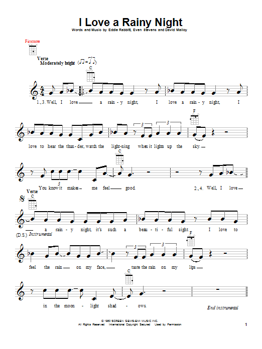 Learn to play Eddie Rabbitt I Love A Rainy Night sheet music for Piano, Vocal & Guitar (Right-Hand Melody) in minutes. Eddie Rabbitt I Love A Rainy Night sheet music notes and chords. Download Printable PDF.