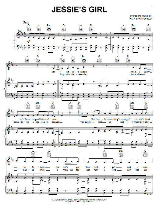 Learn to play Rick Springfield Jessie's Girl sheet music for Piano, Vocal & Guitar (Right-Hand Melody) in minutes. Rick Springfield Jessie's Girl sheet music notes and chords. Download Printable PDF.