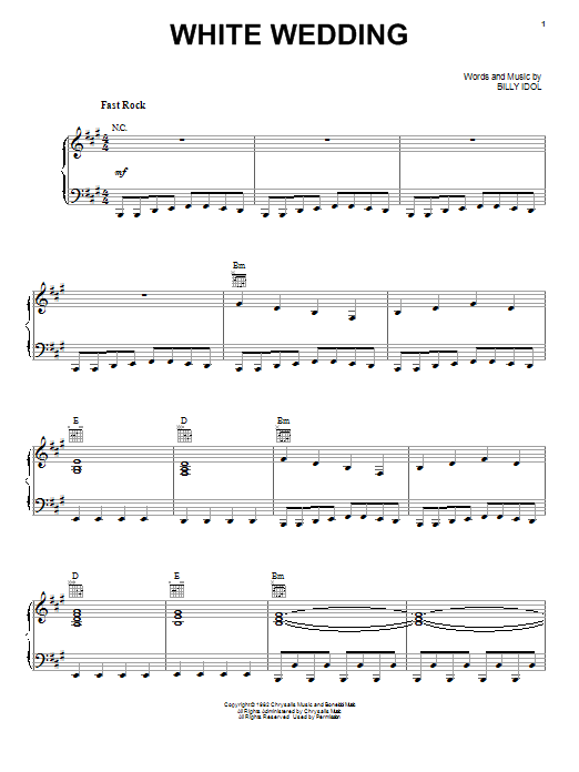 Learn to play Billy Idol White Wedding sheet music for Piano, Vocal & Guitar (Right-Hand Melody) in minutes. Billy Idol White Wedding sheet music notes and chords. Download Printable PDF.