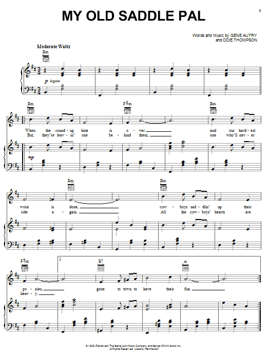 Learn to play Gene Autry My Old Saddle Pal sheet music for Piano, Vocal & Guitar (Right-Hand Melody) in minutes. Gene Autry My Old Saddle Pal sheet music notes and chords. Download Printable PDF.