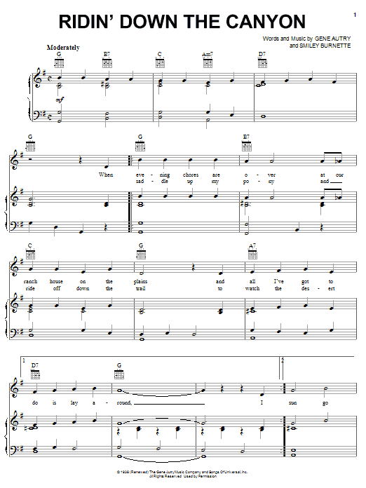 Learn to play Gene Autry Ridin' Down The Canyon sheet music for Piano, Vocal & Guitar (Right-Hand Melody) in minutes. Gene Autry Ridin' Down The Canyon sheet music notes and chords. Download Printable PDF.