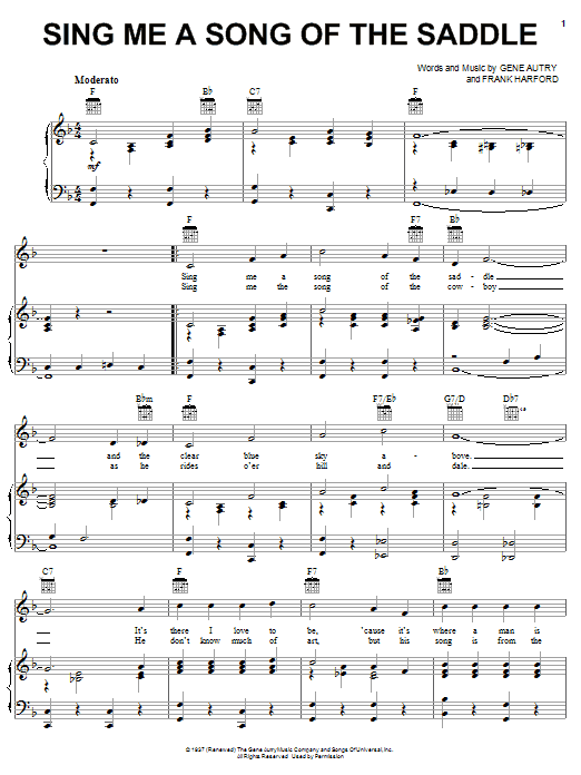 Learn to play Gene Autry Sing Me A Song Of The Saddle sheet music for Piano, Vocal & Guitar (Right-Hand Melody) in minutes. Gene Autry Sing Me A Song Of The Saddle sheet music notes and chords. Download Printable PDF.