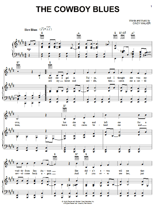 Learn to play Cindy Walker The Cowboy Blues sheet music for Piano, Vocal & Guitar (Right-Hand Melody) in minutes. Cindy Walker The Cowboy Blues sheet music notes and chords. Download Printable PDF.