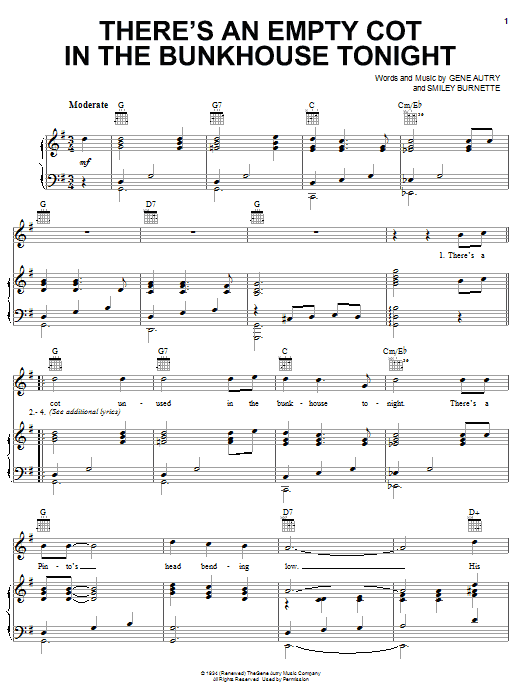 Learn to play Gene Autry There's An Empty Cot In The Bunkhouse Tonight sheet music for Piano, Vocal & Guitar (Right-Hand Melody) in minutes. Gene Autry There's An Empty Cot In The Bunkhouse Tonight sheet music notes and chords. Download Printable PDF.