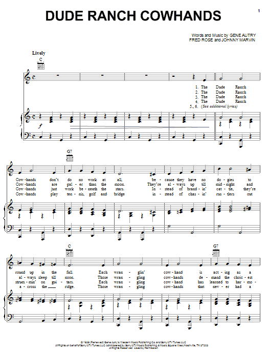 Learn to play Gene Autry Dude Ranch Cowhands sheet music for Piano, Vocal & Guitar (Right-Hand Melody) in minutes. Gene Autry Dude Ranch Cowhands sheet music notes and chords. Download Printable PDF.