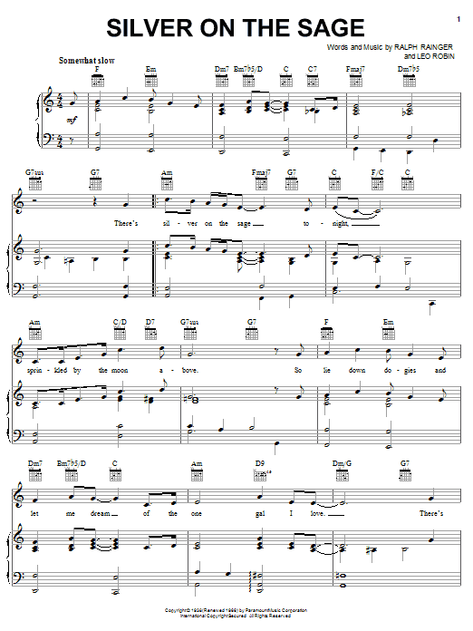 Learn to play Bing Crosby Silver On The Sage sheet music for Piano, Vocal & Guitar (Right-Hand Melody) in minutes. Bing Crosby Silver On The Sage sheet music notes and chords. Download Printable PDF.