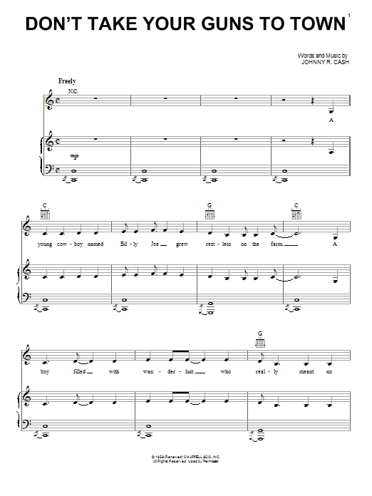 Learn to play Johnny Cash Don't Take Your Guns To Town sheet music for Piano, Vocal & Guitar (Right-Hand Melody) in minutes. Johnny Cash Don't Take Your Guns To Town sheet music notes and chords. Download Printable PDF.