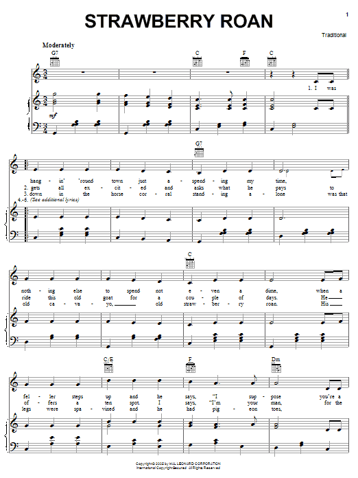 Learn to play Traditional Strawberry Roan sheet music for Piano, Vocal & Guitar (Right-Hand Melody) in minutes. Traditional Strawberry Roan sheet music notes and chords. Download Printable PDF.