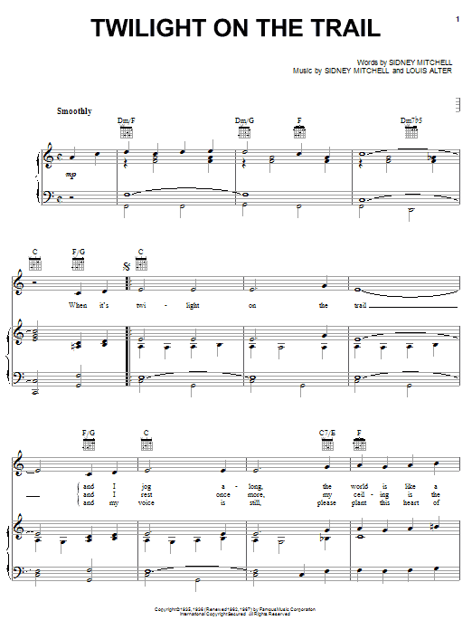 Learn to play Gene Autry Twilight On The Trail sheet music for Piano, Vocal & Guitar (Right-Hand Melody) in minutes. Gene Autry Twilight On The Trail sheet music notes and chords. Download Printable PDF.