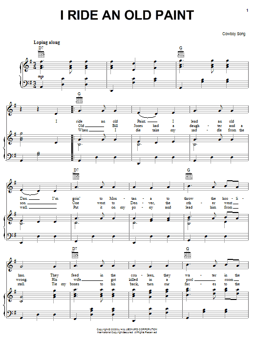 Learn to play American Cowboy Song I Ride An Old Paint sheet music for Piano, Vocal & Guitar (Right-Hand Melody) in minutes. American Cowboy Song I Ride An Old Paint sheet music notes and chords. Download Printable PDF.