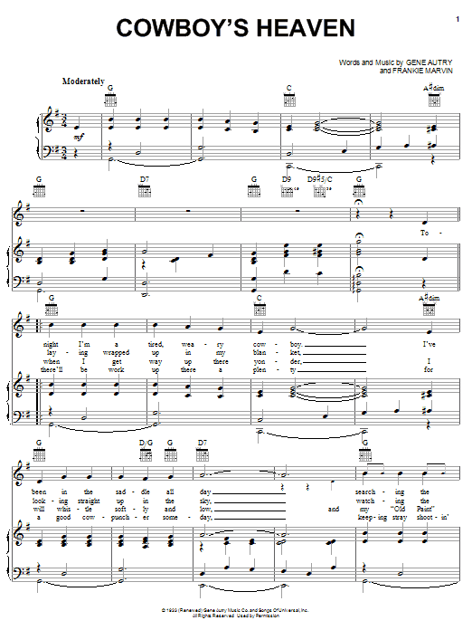 Learn to play Gene Autry Cowboy's Heaven sheet music for Piano, Vocal & Guitar (Right-Hand Melody) in minutes. Gene Autry Cowboy's Heaven sheet music notes and chords. Download Printable PDF.