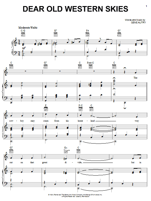 Learn to play Gene Autry Dear Old Western Skies sheet music for Piano, Vocal & Guitar (Right-Hand Melody) in minutes. Gene Autry Dear Old Western Skies sheet music notes and chords. Download Printable PDF.
