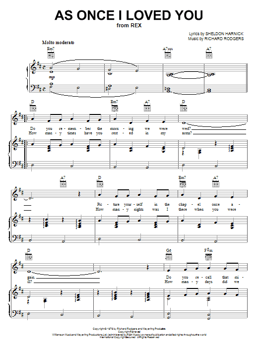 Learn to play Richard Rodgers As Once I Loved You sheet music for Piano, Vocal & Guitar (Right-Hand Melody) in minutes. Richard Rodgers As Once I Loved You sheet music notes and chords. Download Printable PDF.