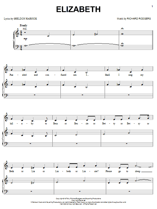 Learn to play Richard Rodgers Elizabeth sheet music for Piano, Vocal & Guitar (Right-Hand Melody) in minutes. Richard Rodgers Elizabeth sheet music notes and chords. Download Printable PDF.