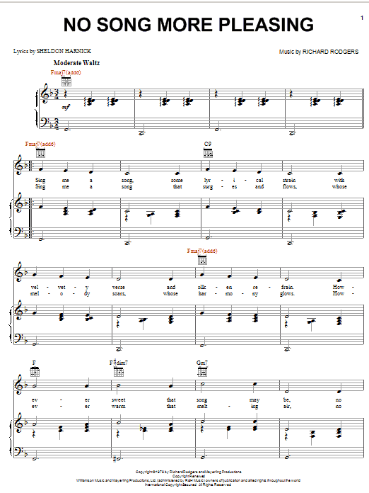 Learn to play Richard Rodgers No Song More Pleasing sheet music for Piano, Vocal & Guitar (Right-Hand Melody) in minutes. Richard Rodgers No Song More Pleasing sheet music notes and chords. Download Printable PDF.