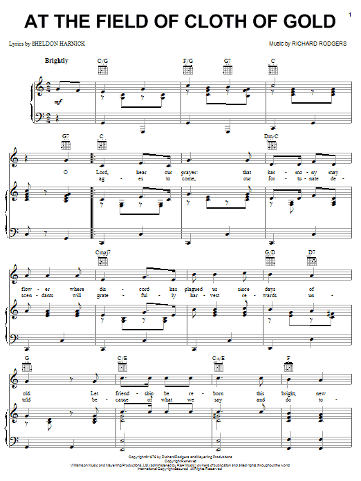 Learn to play Richard Rodgers At The Field Of Cloth Of Gold sheet music for Piano, Vocal & Guitar (Right-Hand Melody) in minutes. Richard Rodgers At The Field Of Cloth Of Gold sheet music notes and chords. Download Printable PDF.