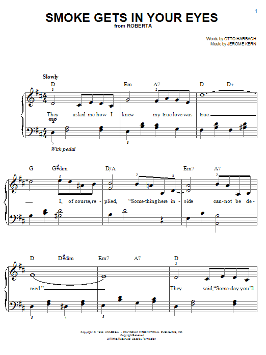 Learn to play Jerome Kern Smoke Gets In Your Eyes sheet music for Easy Piano in minutes. Jerome Kern Smoke Gets In Your Eyes sheet music notes and chords. Download Printable PDF.