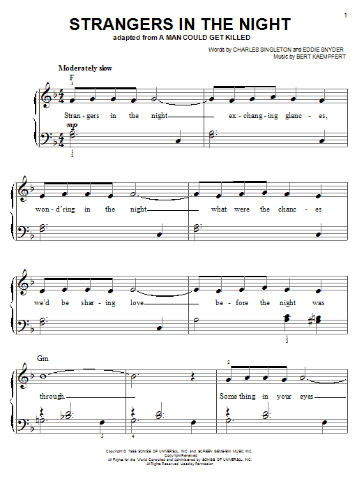 Learn to play Frank Sinatra Strangers In The Night sheet music for Easy Piano in minutes. Frank Sinatra Strangers In The Night sheet music notes and chords. Download Printable PDF.