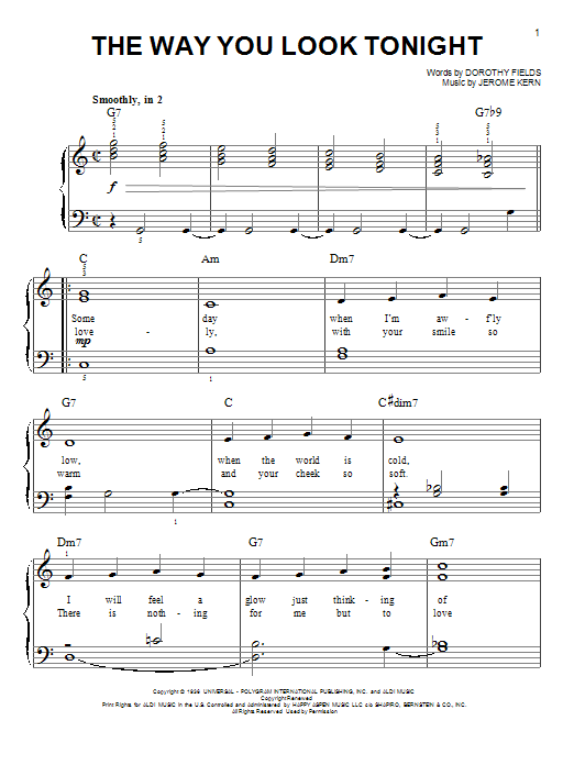 Learn to play Jerome Kern The Way You Look Tonight sheet music for Easy Piano in minutes. Jerome Kern The Way You Look Tonight sheet music notes and chords. Download Printable PDF.