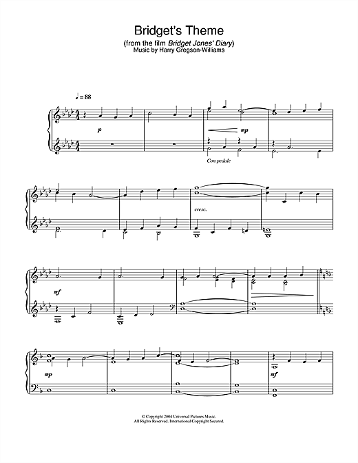Learn to play Harry Gregson-Williams Bridget's Theme (from Bridget Jones's Diary) sheet music for Piano in minutes. Harry Gregson-Williams Bridget's Theme (from Bridget Jones's Diary) sheet music notes and chords. Download Printable PDF.