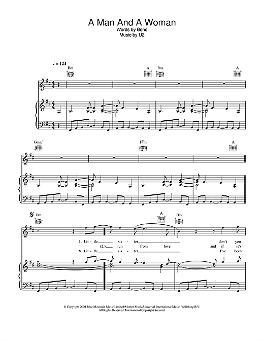 Learn to play U2 A Man And A Woman sheet music for Piano, Vocal & Guitar (Right-Hand Melody) in minutes. U2 A Man And A Woman sheet music notes and chords. Download Printable PDF.