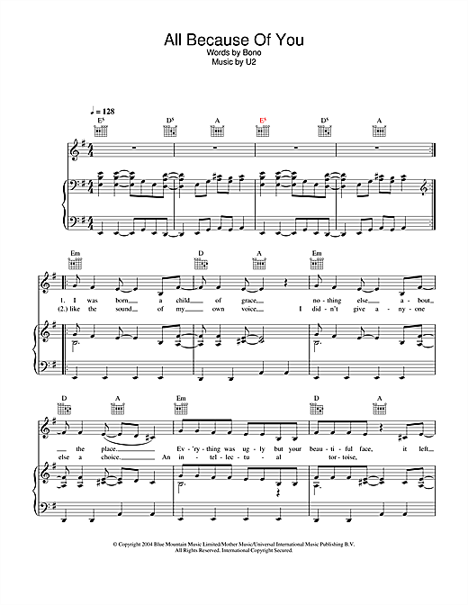 Learn to play U2 All Because Of You sheet music for Piano, Vocal & Guitar (Right-Hand Melody) in minutes. U2 All Because Of You sheet music notes and chords. Download Printable PDF.