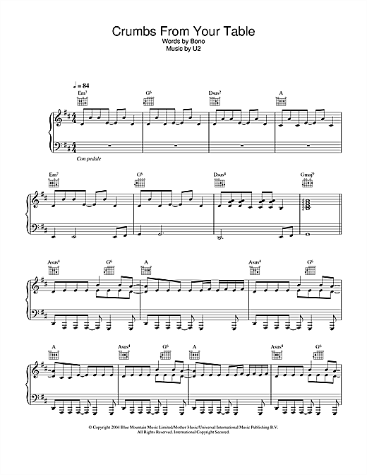 Learn to play U2 Crumbs From Your Table sheet music for Piano, Vocal & Guitar (Right-Hand Melody) in minutes. U2 Crumbs From Your Table sheet music notes and chords. Download Printable PDF.