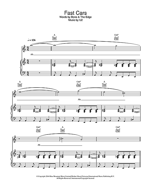 Learn to play U2 Fast Cars sheet music for Piano, Vocal & Guitar (Right-Hand Melody) in minutes. U2 Fast Cars sheet music notes and chords. Download Printable PDF.