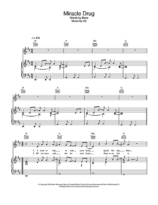 Learn to play U2 Miracle Drug sheet music for Piano, Vocal & Guitar (Right-Hand Melody) in minutes. U2 Miracle Drug sheet music notes and chords. Download Printable PDF.