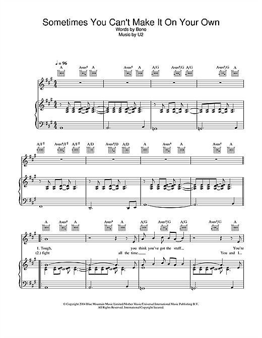 Learn to play U2 Sometimes You Can't Make It On Your Own sheet music for Piano, Vocal & Guitar (Right-Hand Melody) in minutes. U2 Sometimes You Can't Make It On Your Own sheet music notes and chords. Download Printable PDF.
