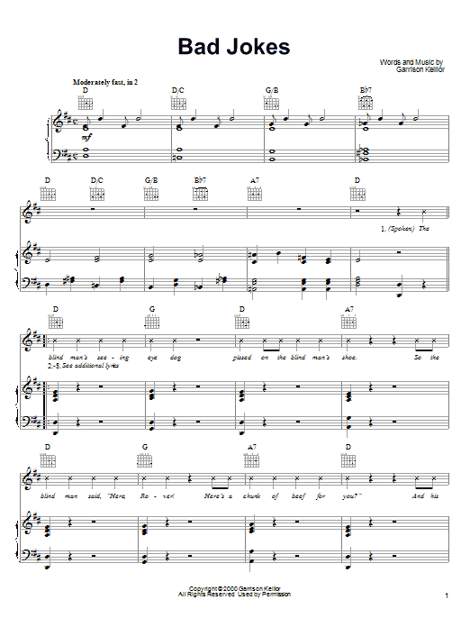 Learn to play Garrison Keillor Bad Jokes sheet music for Piano, Vocal & Guitar (Right-Hand Melody) in minutes. Garrison Keillor Bad Jokes sheet music notes and chords. Download Printable PDF.